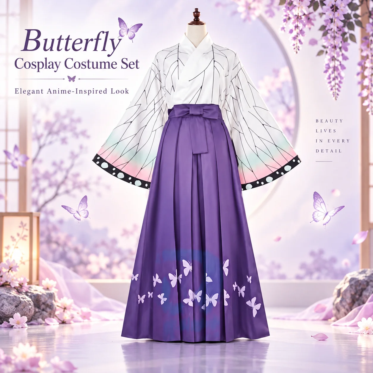 Elegante costume cosplay a tema giapponese, composto da un kimono bianco con maniche ampie e polsini sfumati, una gonna lunga viola con stampe a farfalla, ideale per feste a tema e spettacoli