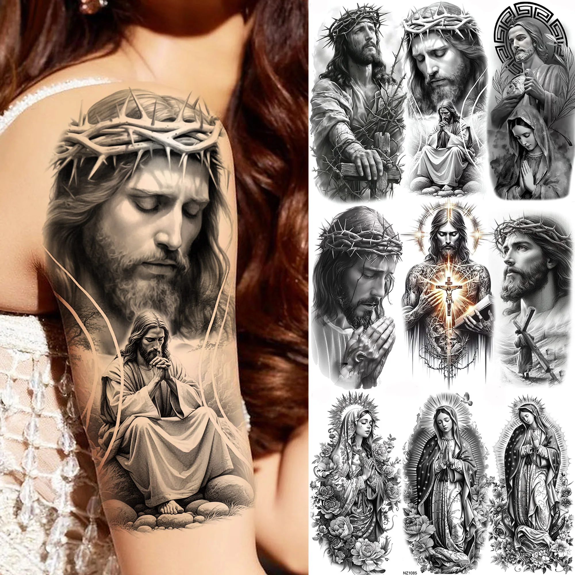 

1 Sheet Holy Jesus Virgin Mary Pray Temporary Tattoos Christian Faith Tatoos Waterproof Realistic Fake Tattoo Stickers Last Long