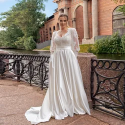 Customized Wedding Dresses Plus Size V Neck Long Sleeves Bride Gowns For Women Appliques Satin A-Line Sweep Train Robe De Mariée