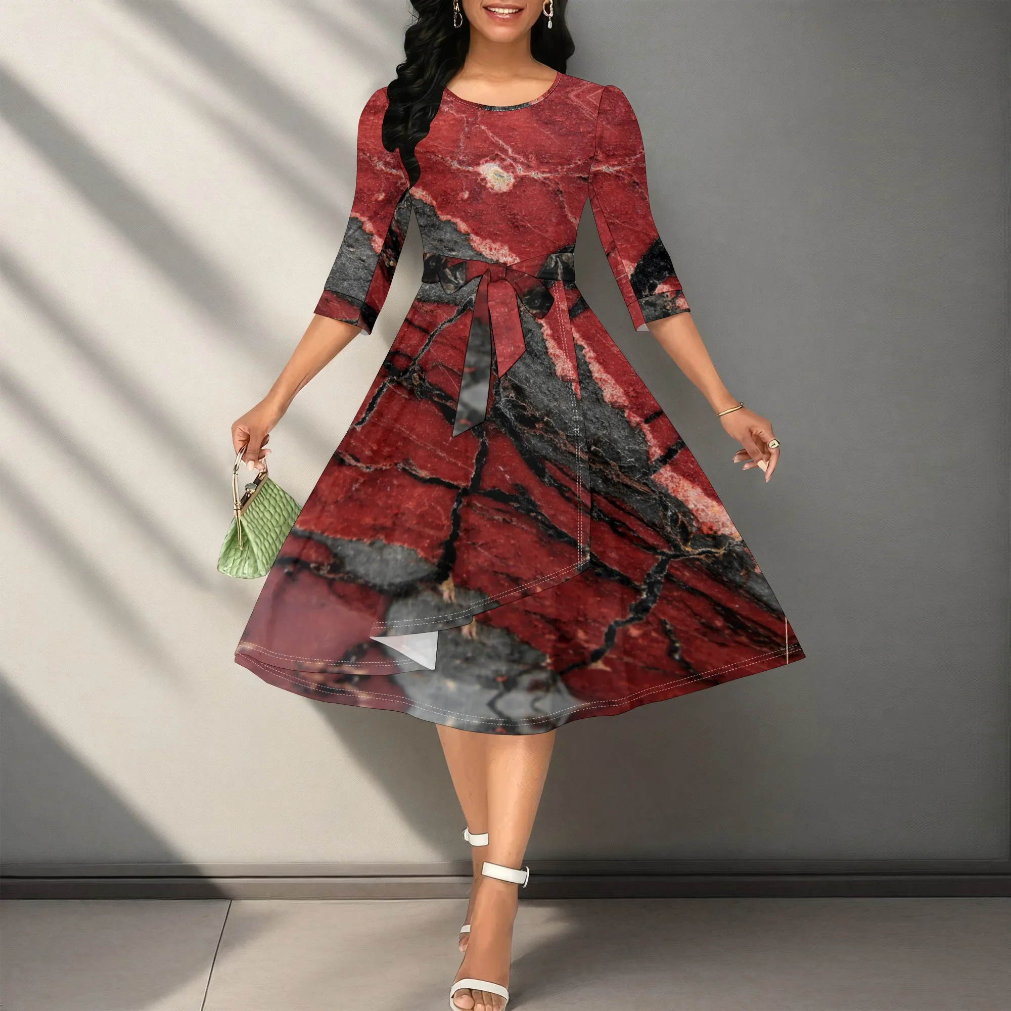 

Unique Abstract Marble Print Midi Dress, Women's Elegant A-Line 3/4 Sleeve Tie Waist Gown, Vintage Cocktail Party Dress XS-3XL