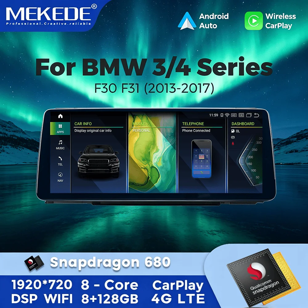 Autoradio Mekede Snapdragon 680, Carplay sans fil, pour BMW série 3 4 F30 F31 F32 F33 F34 F35 F36, Android 14, Navigation GPS, lecteur vidéo multimédia, systèmes intelligents