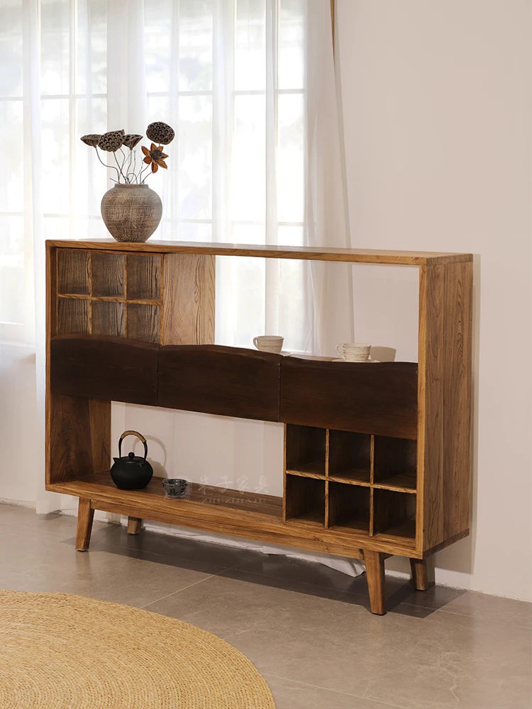 Solid Wood Dining Sideboard, Old Elm Wood Sideboard, Weathered Wood Household Storage Cabinet with Suction