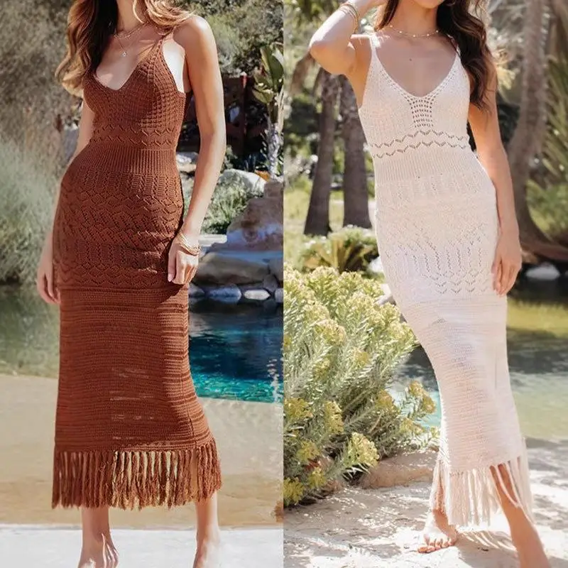 Sexy lavorato a maglia scava fuori nappa copricostume da spiaggia bikini costume da bagno spiaggia Dr protezione solare abbigliamento top lavorato a maglia da donna