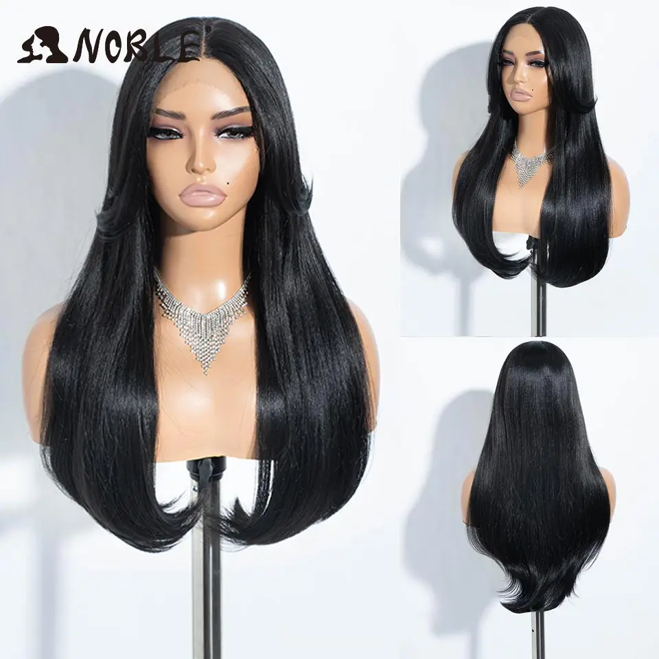 Noble Synthetic Lace Front Wig Hair Straight Baby Hair Bob Wig Synthetic Hair Wig 24 Brown Wig Lace Wig For Women Cosplay Wig