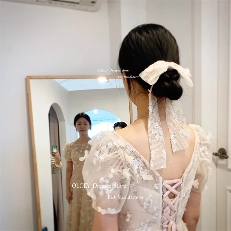 OLOEY Modest Lace A Line Korea Wedding Dresses Short Sleeves Scoop Neck Floor Length Vintage Bridal Gowns Photoshoot Corset Back