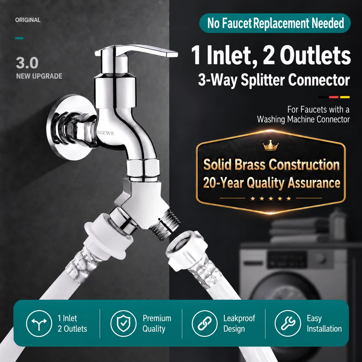 Universal Dual Outlet Washing Machine Faucet 1 In 2 Out Water Splitter 3 Way Valve Independent Switch G1/2 Bidet Adapter