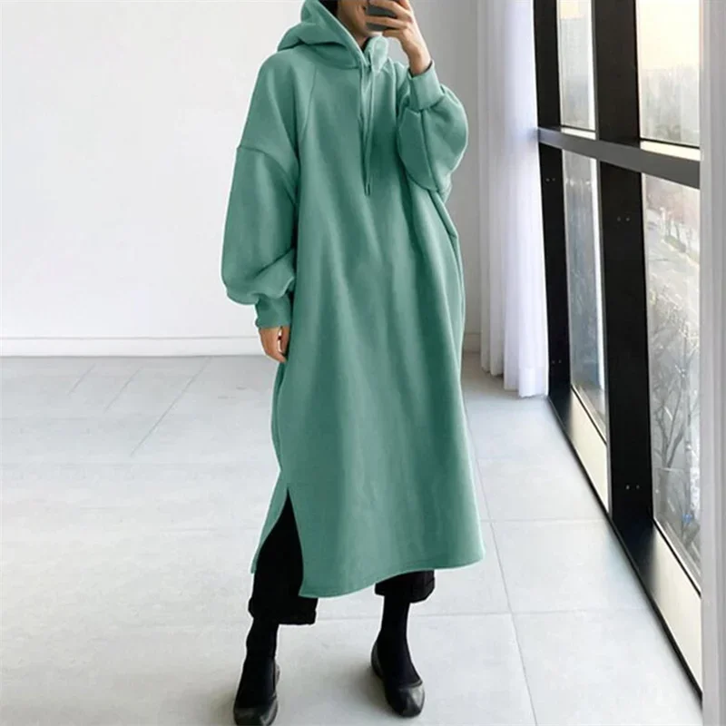 Autumn Winter Long Sweatshirt Women Double Pockets Hooded Hoodie Female Comfortable Casual Thickened Warm Solid Color Outerwear