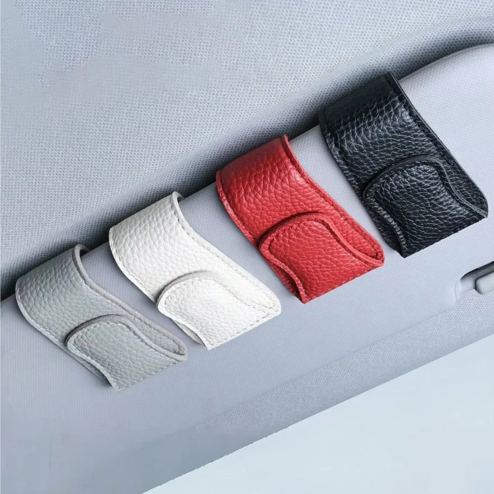 Car Sun Visor Glasses Clip, Magnetic Leather, One-Hand Operation, No-Damage Install, Fits All Vehicles, Eyeglass & Card Holder