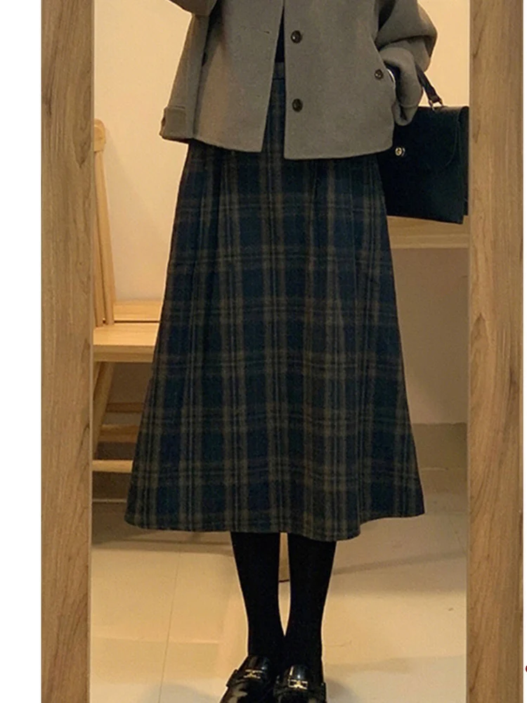 

Retro Plaid Woolen A-Line Midi Skirt High Waist Autumn Winter Women's Sle Sweater Matching Full Skirt Umbrella Skirt