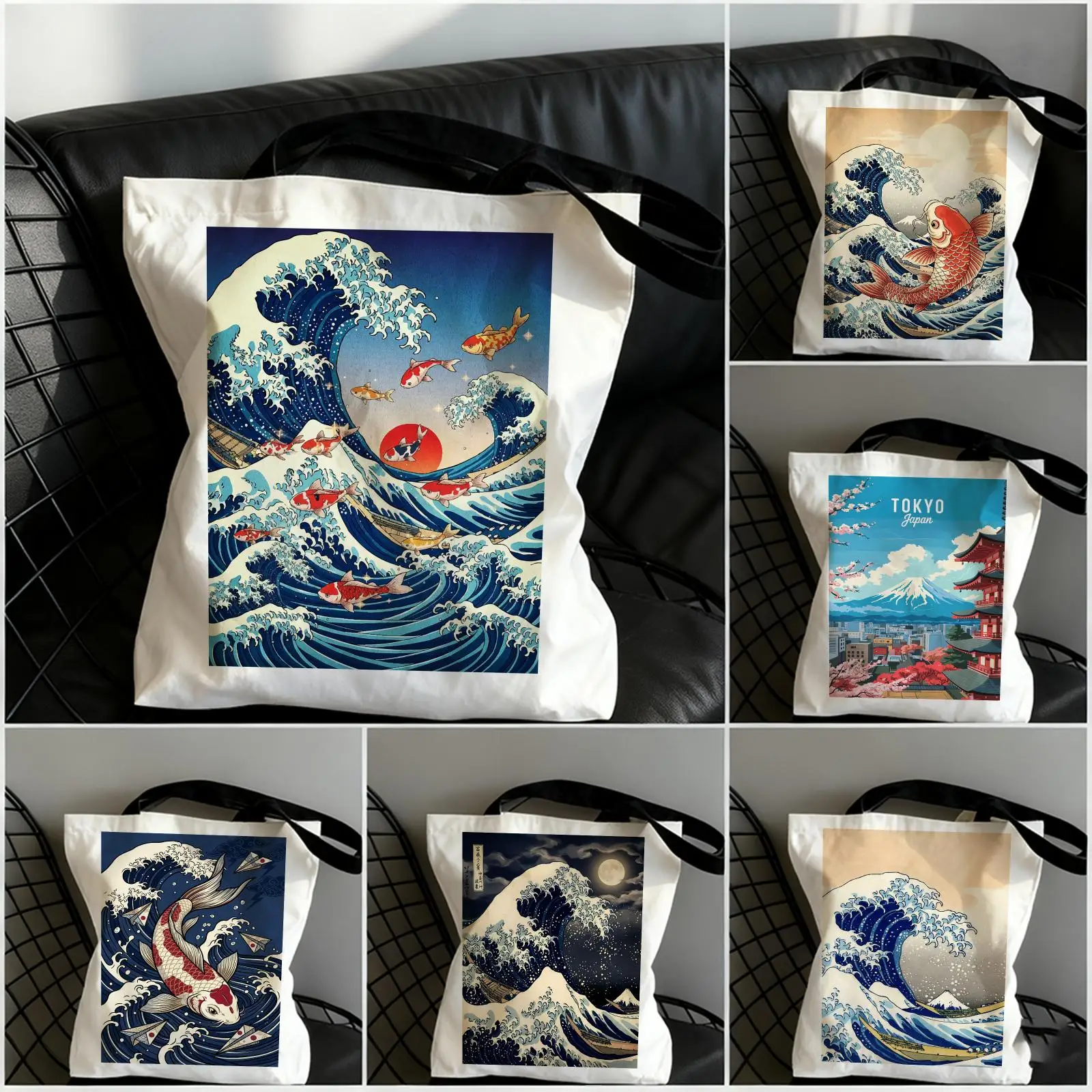 Bolsas de almacenamiento con motivos de la montaña Fuji y el estilo Ukiyo-e de Japón, de gran capacidad, hechas de lona, con estampado a doble cara, tipo bolso de hombro, ideales para las compras diarias.