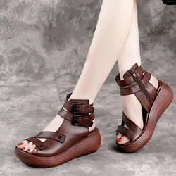 Women Summer Sandals Mid Heels Wedges Shoes Ladies Vintage Leather Plus Size 40 Sandalias Mujer Sapato Feminino Fashion Footwear