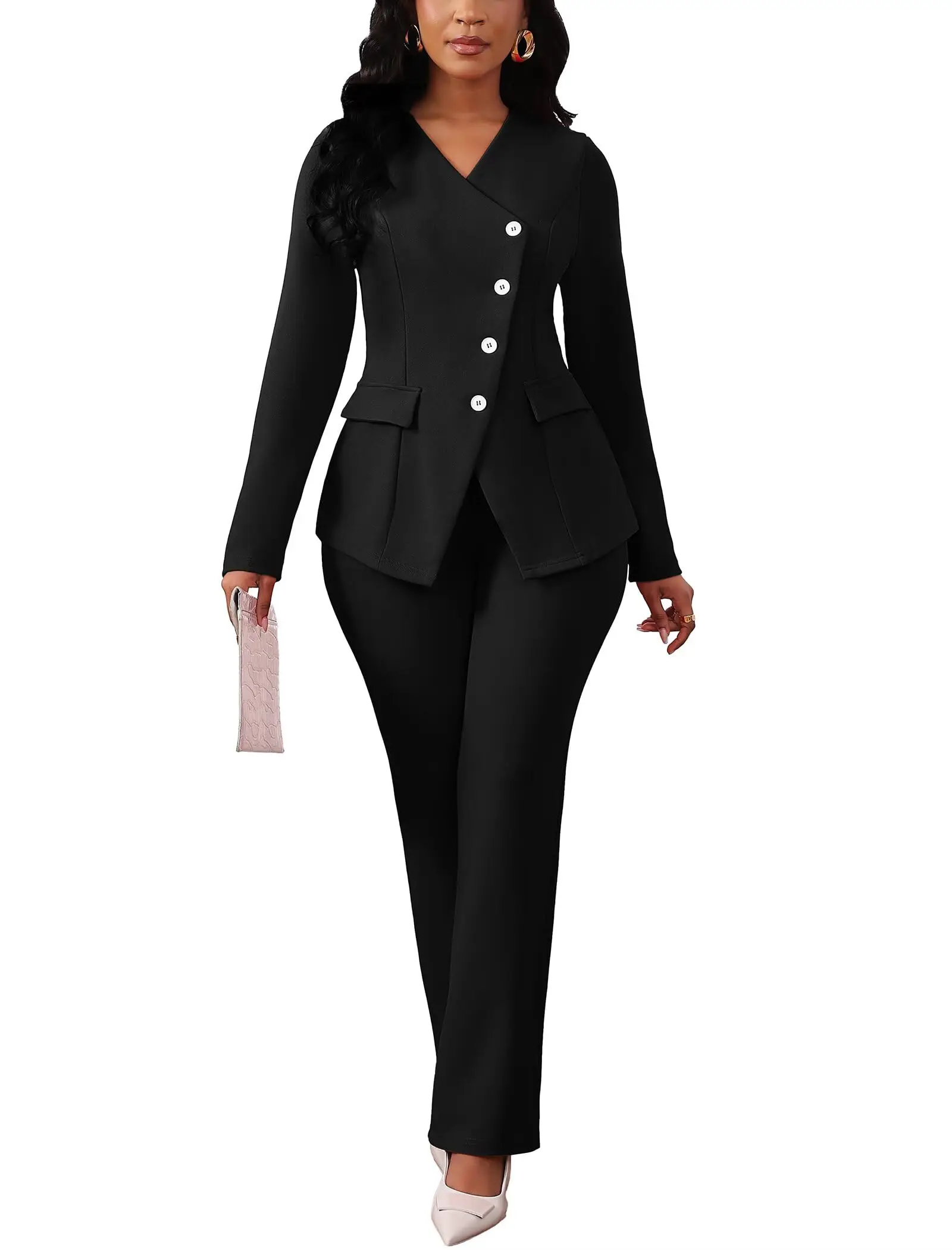 

Pant Suits for Women Dressy Long Sleeve Blazer Jackets and High Waisted Wide Leg Pants Sets 2 Piece