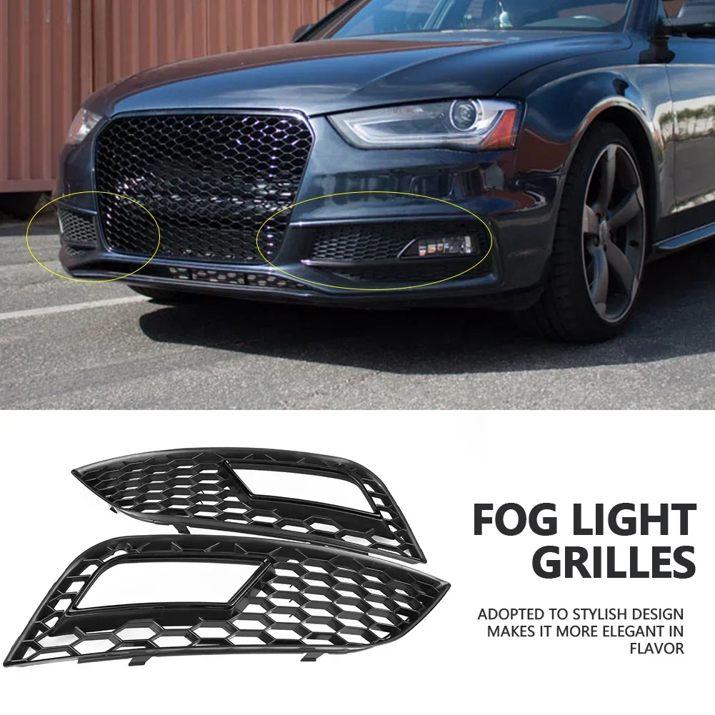 

1 Pair of Fog Light Grille Glossy Black Bumper Trim ABS RS4 Style For Audi A4 B8.5 2013-2016 Car Modification