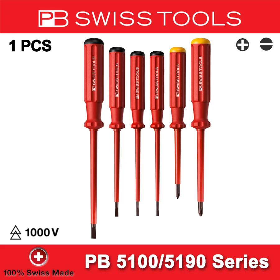 PB SWISS 1PCS Insulated Screwdriver 1000 VDE Test Electrician Phllips Slotted Screwdrivers 1000 V AC/1500 V DC 5100 5190 Series