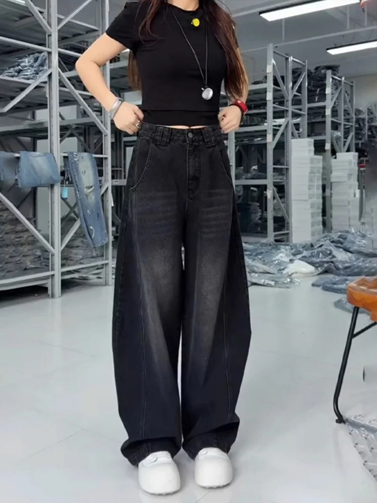 

Джинсы женские больших размеров в американском стиле, с высокой талией, прямые, широкие штанины, для фигуры типа «груша», осенняя коллекция