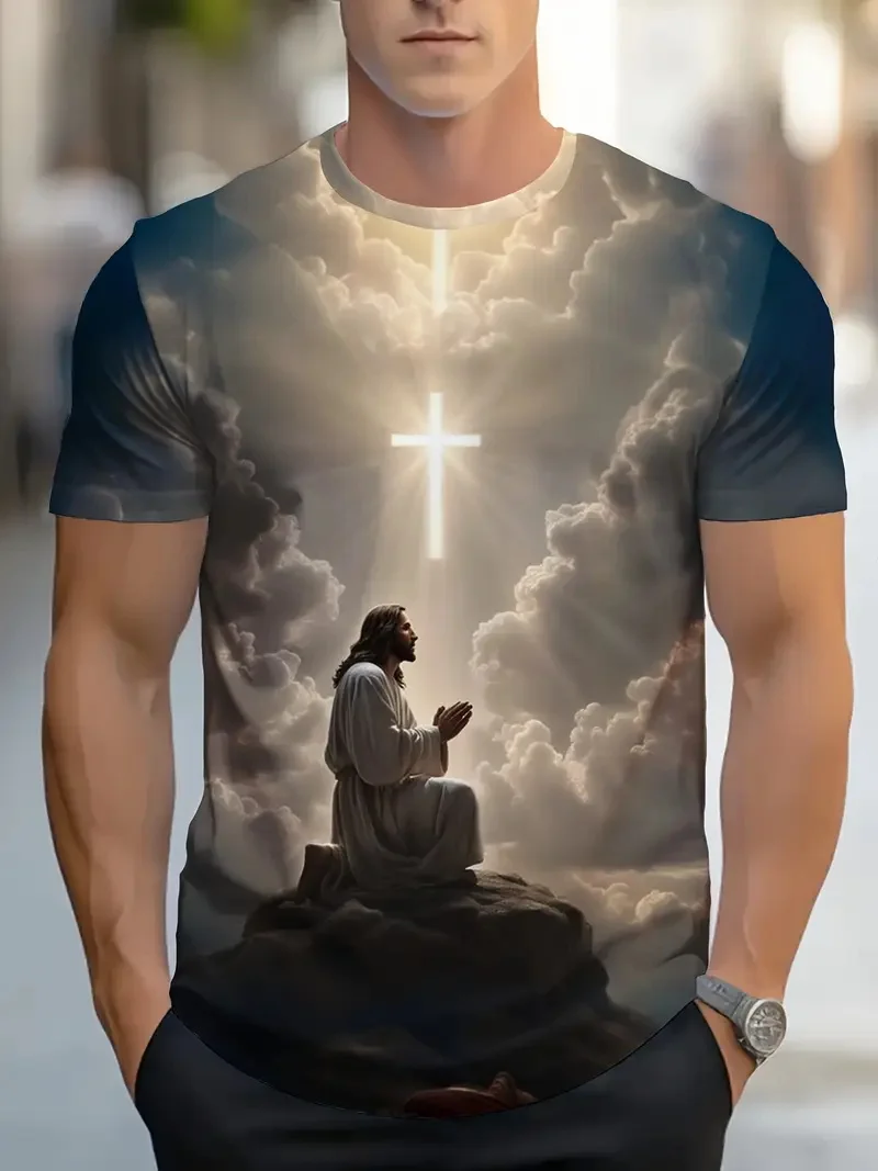 

Full Print Jesus Letter Graphic Tshirt Summer Men's Short Sleeve Crew Neck T-Shirts New In Casual Oversized Jesus Christ Tshirt
