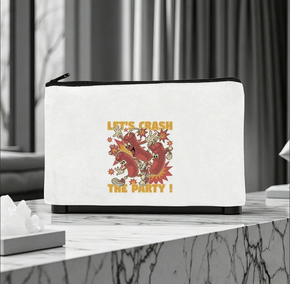 1PC Let's Crash The Party Retro Cartoon Firecracker Print Canvas Cosmetic Bag Zipper Makeup Pouch Funny Party Novelty Gift