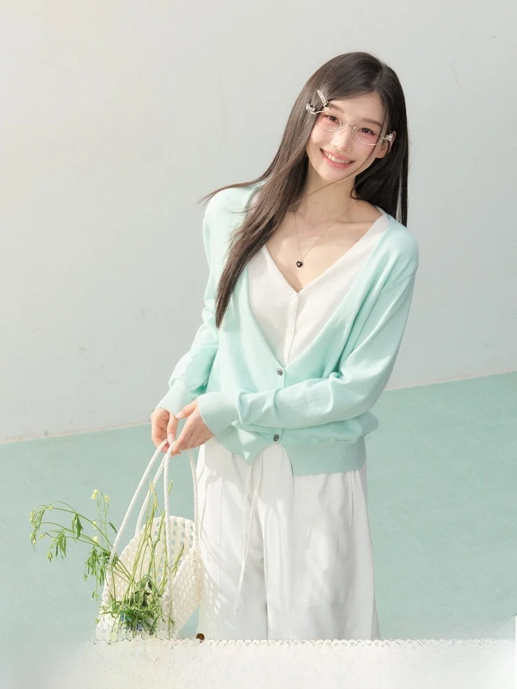 

Mint een Knitted Open Cardigan Women's Long Sve V-Ne Spring Faion Korean Sle Loose Fit Button Detail Fake Two-Piece