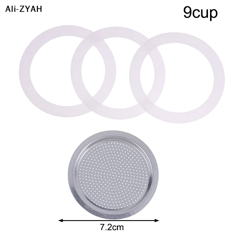 2025 New1 Set (3Pcs Silicone Gaskets & 1Pc Aluminum Filter) Coffee Machine Pot Bottle Replacement Compatible with 3/6/9/12 Cup