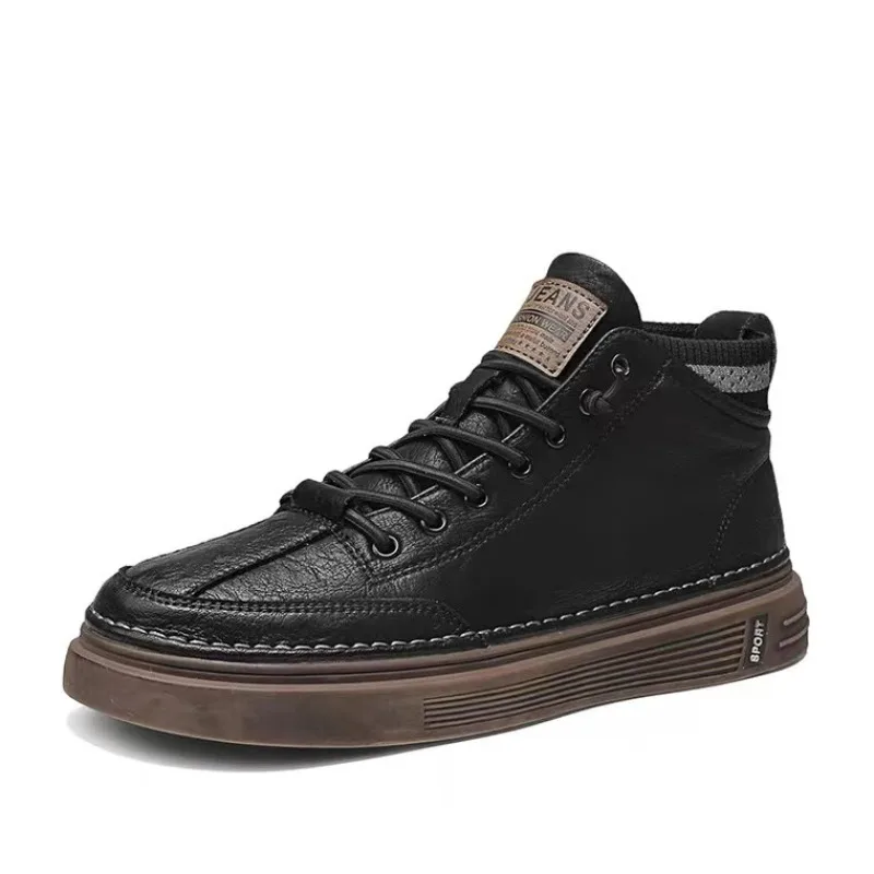 

Black Leather Casual Shoes for Men Fashion Lace Up Flat Ankle Boots Outdoor Lightweight Homme Running Shoes Tennis Sneakers Male