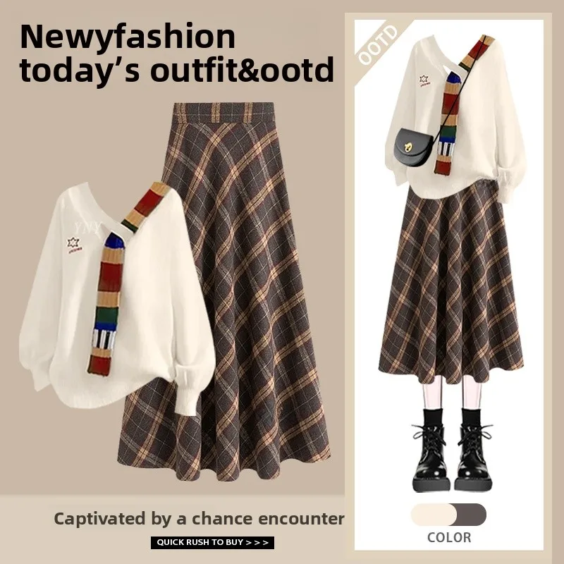

Fashionable Loose Outerwear Lazy Style Knitted Top And Plaid Skirt Two-Piece Set High Waist Midi Skirt for Young Women