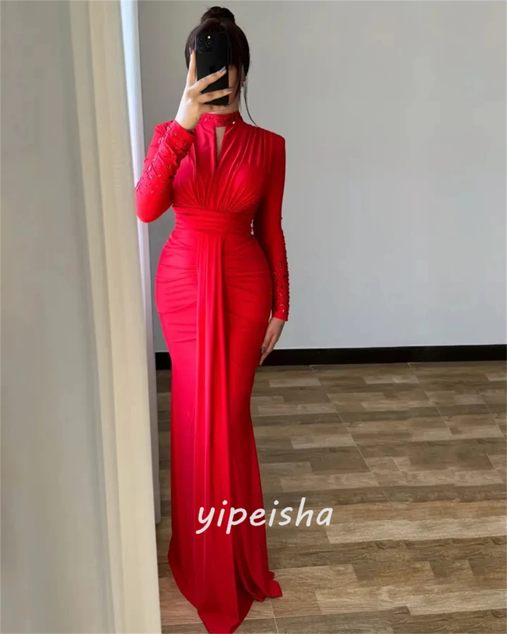 Customized Elegant Fashion Jersey Rhinestone Ruched Mermaid High Collar Long Dresses Evening Dresses Sizes Available Matching