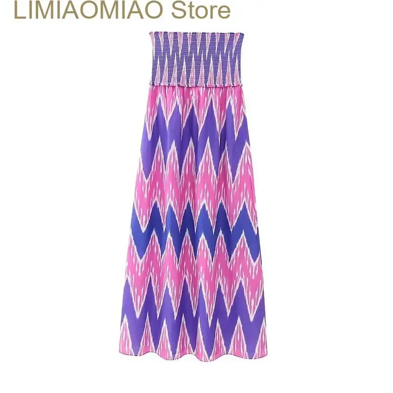 New Woman Stripe Print Chest Wrapping Midi Vestido Summer Female elegante abito arricciato senza maniche abiti da festa per le vacanze delle signore