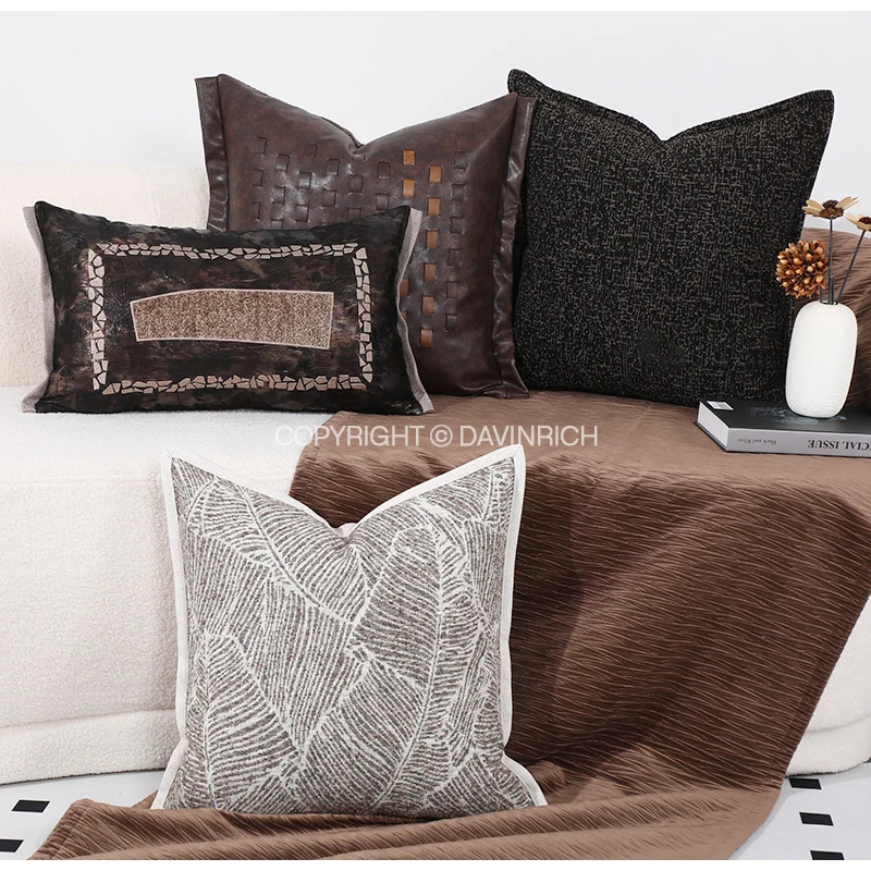 DAVINRICH Luxury Bohemian Tribal Handmade Decorative Lumbar Pillow Cover Vegan Faux Leather Brown Cushion Case For Couch Bedding