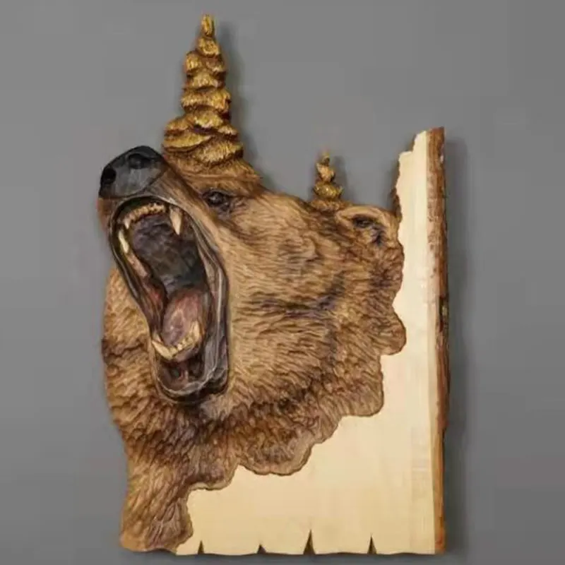 New Animal Carving Wood Handcraft Wall Hanging Living Room Decoration Home Accessories Sculpture Raccoon Bear Deer Hand Painted