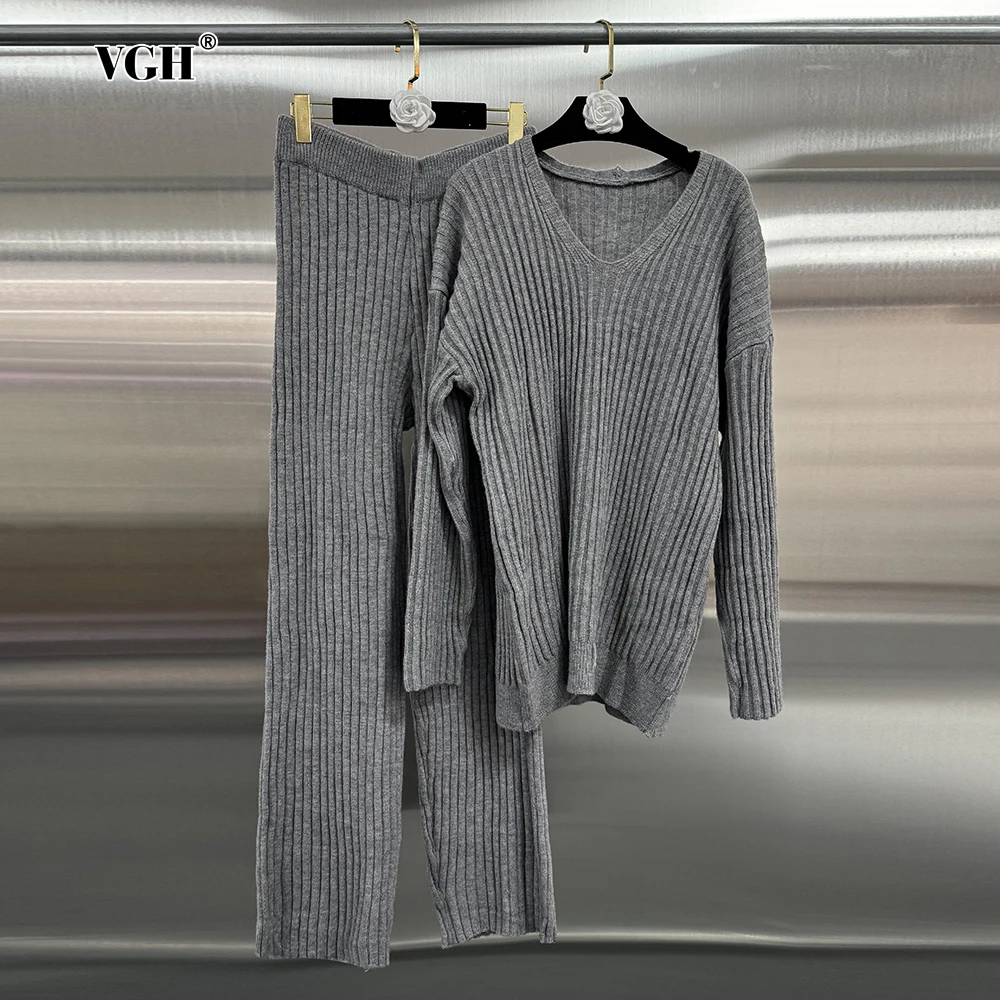 VGH Casual Solid Two Piece Sets For Women V Neck Long Sleeve Pullover Sweater High Waist Wide Leg Pants Knitting Set Female New