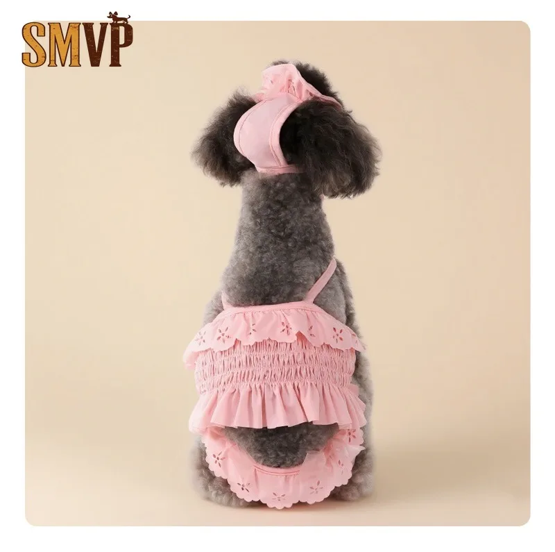 Pet Summer Bikini Swimsuit Set with Matching Hat Ruffle Lace Sling Bathing Suit Beach Outfit for Small Pet Dogs and Cats Skirt