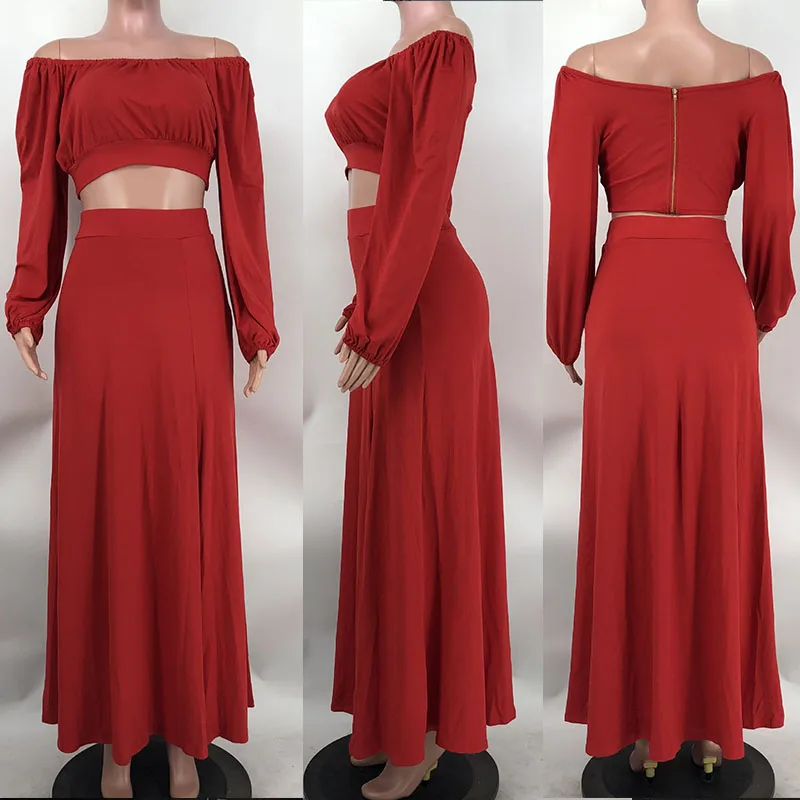 Conjunto de 2 piezas de falda para mujer, Top corto fruncido con cuello oblicuo, manga de linterna, vestido largo dividido, Sexy, fiesta, club nocturno, cumpleaños