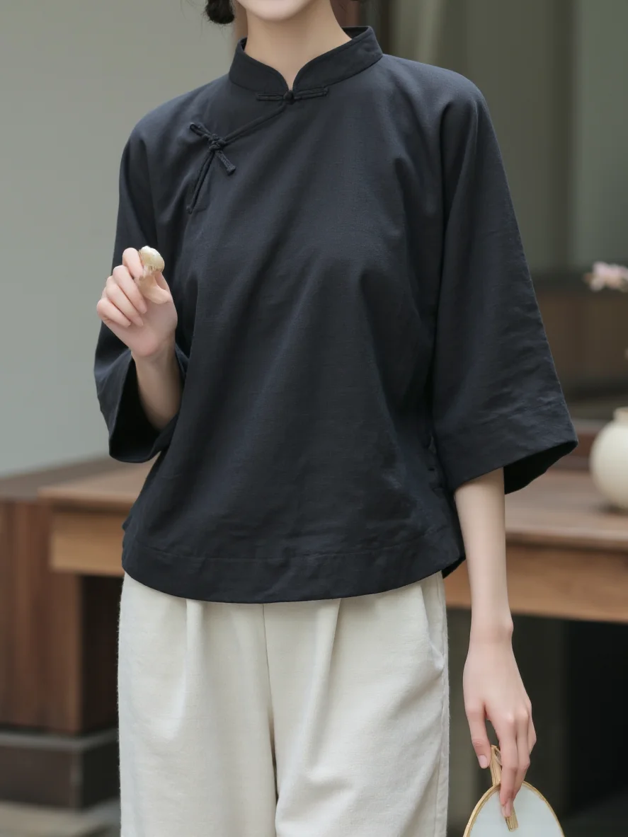 Novo chinês sle zen algodão chá traje feminino svel topo e saia conjunto tradicional qipao design com gola