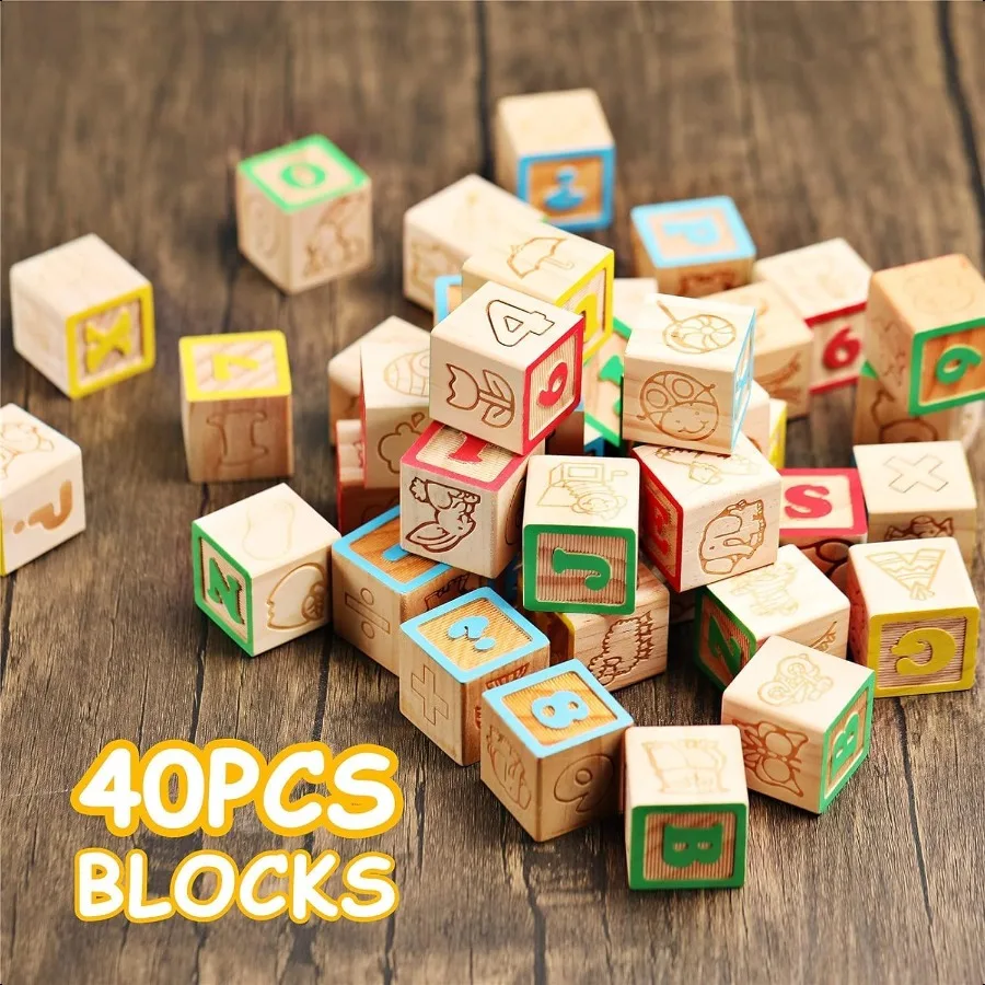 SainSmart Jr. Bloques ABC de madera, 40 Uds., bloques apilables, letras del alfabeto para bebés, juego de bloques de construcción para contar para niños pequeños de 1,2 pulgadas