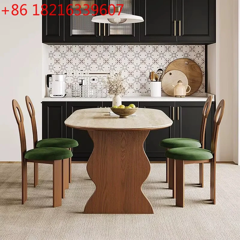 YAO French Mid Century Oval Travertine Stone Dining Table, Solid Wood Base Small Household Dining Table Set for Living Room