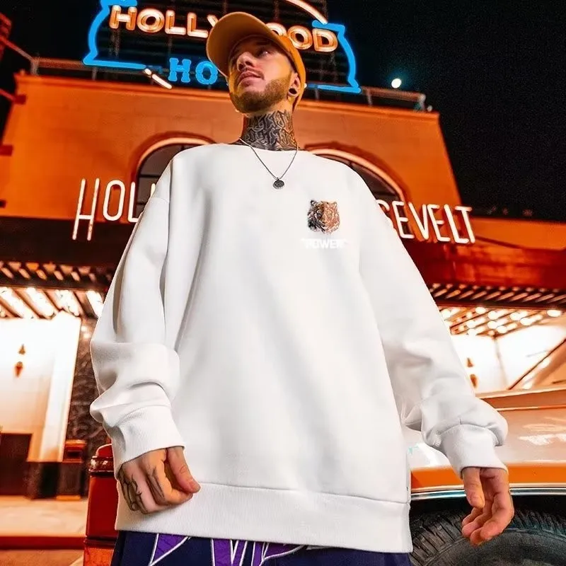 M-8XL Men Oversized Sweatshirts Fashion Loose American Retro Tiger Print Sweatshirts Long Sleeve Plus Velvet Couple Clothes