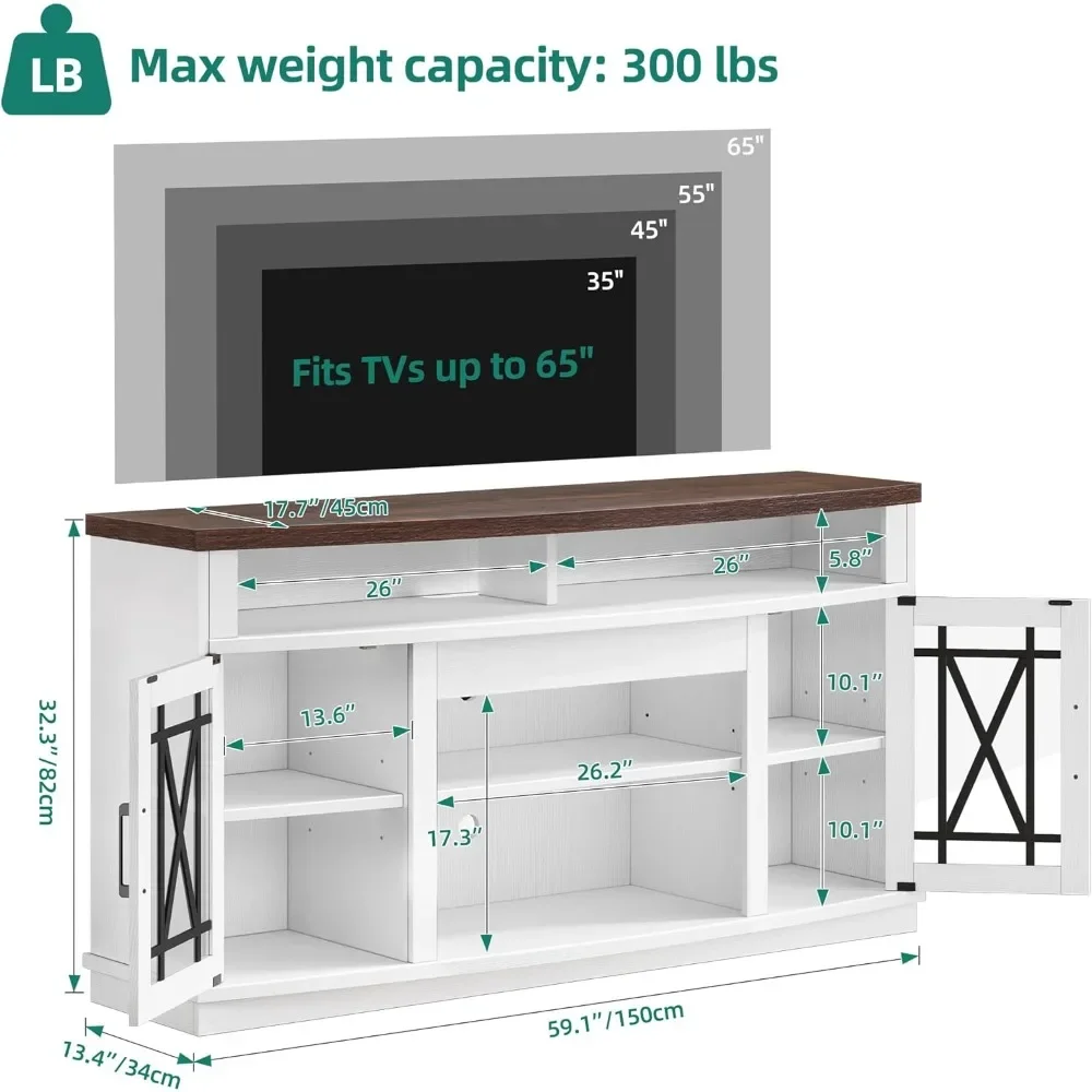 59 Inch TV Stand for 65 55 Inch with Adjustable Shelves and Glass Doors, Modern 32'' Tall LED TV Media Console Table