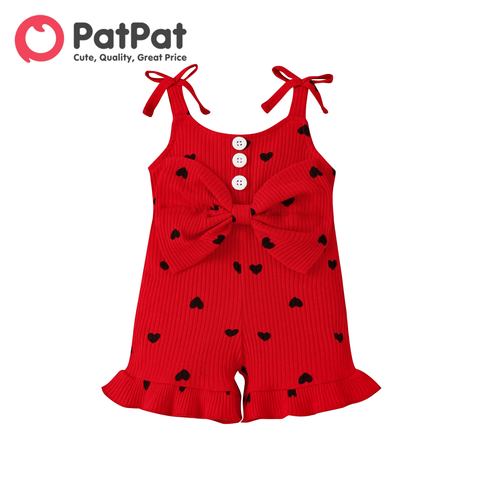 

PatPat Baby Girl Cotton Ribbed Allover Heart Print Bow Front Ruffle Trim Cami Romper