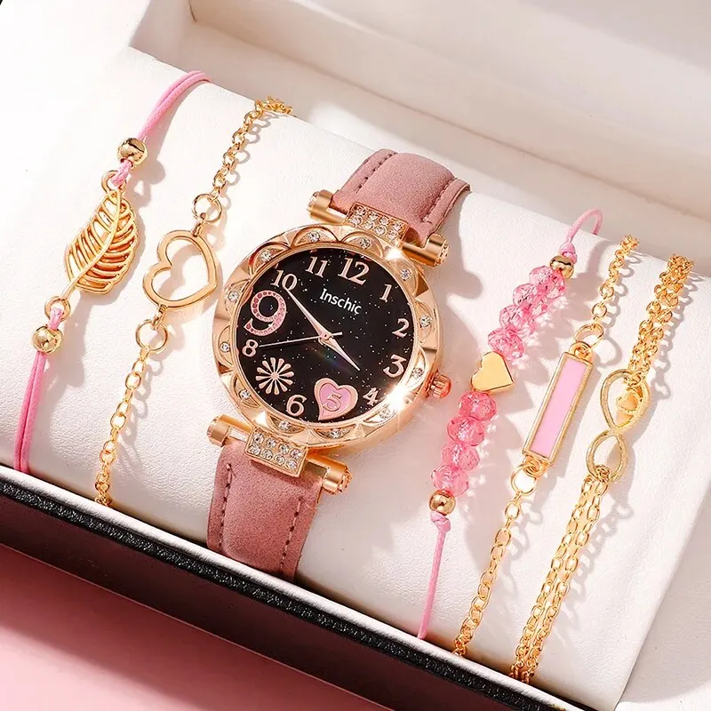Women\'s Fashion Quartz Watch Luxury Pink Leather Band Analog WristWatch Ladies Watch Women Dress Bracelet Set Reloj Mujer Clock