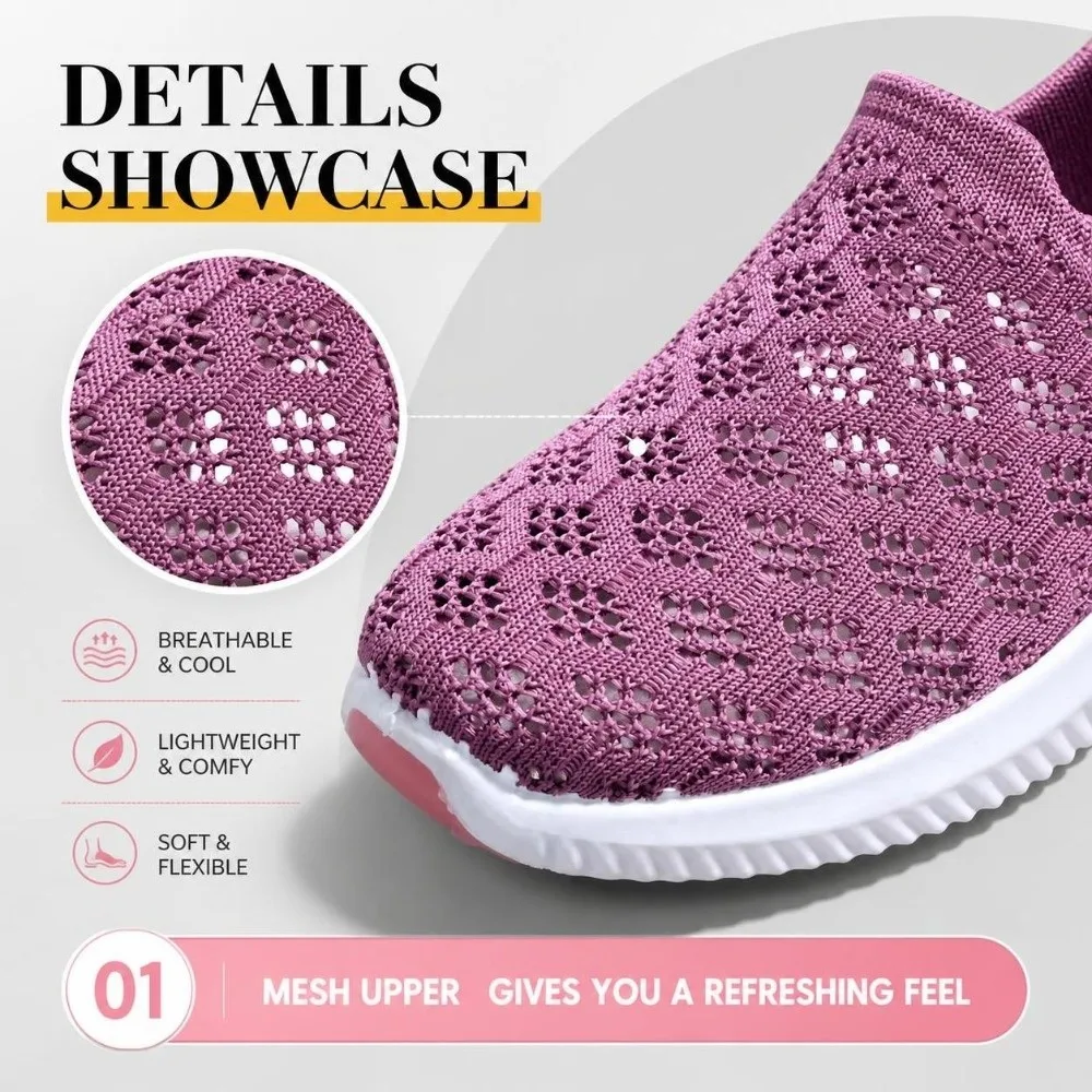 Breathable Women Slip‑On Sneakers Non‑slip Comfortable Mesh Walking Shoes Hollow Out Lightweight Casual Flat Shoes Outdoor