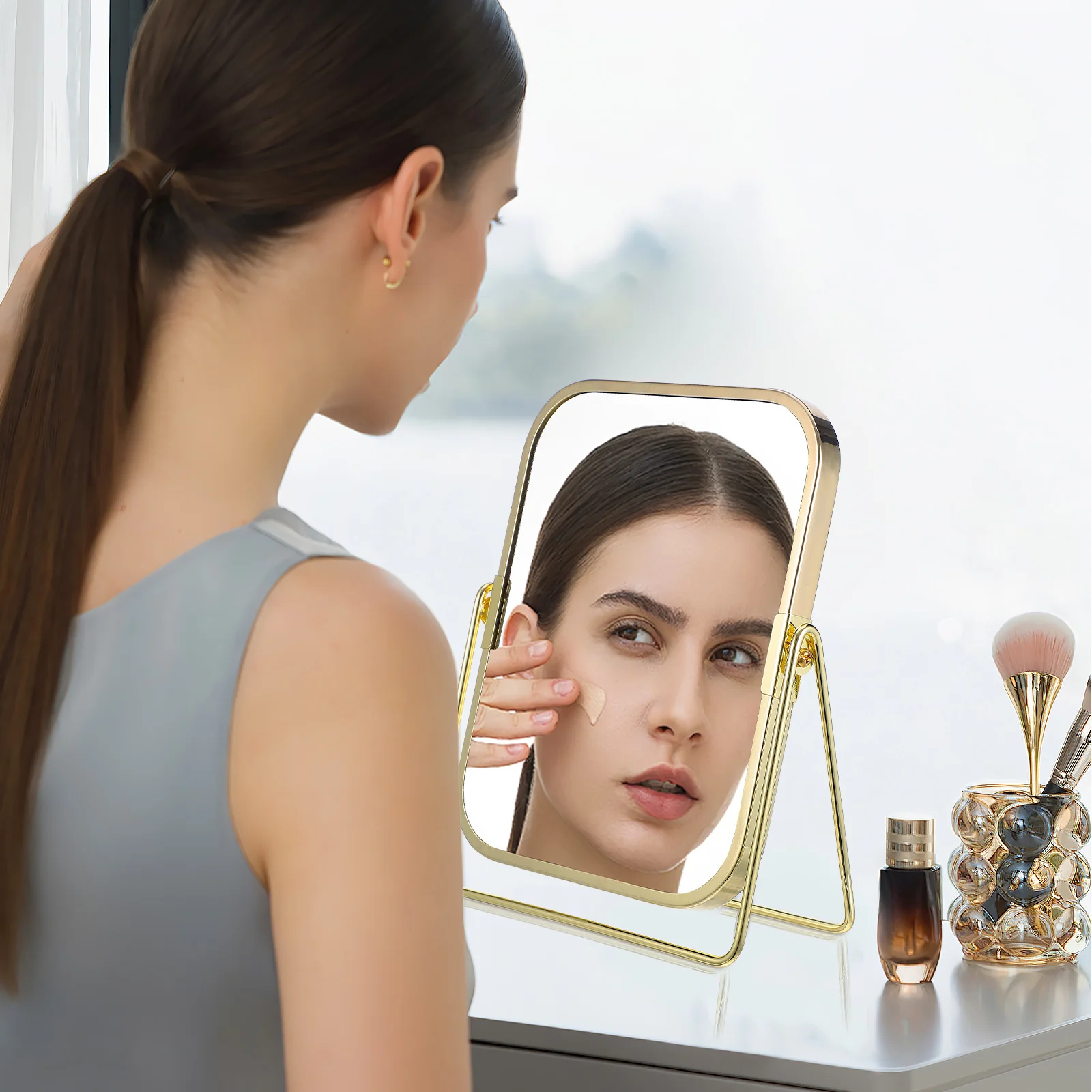 Double Sided Mirror Metal Stand 360 Degree Swivel Desktop Mirror for Bathroom Countertop Dressing Table Bedroom