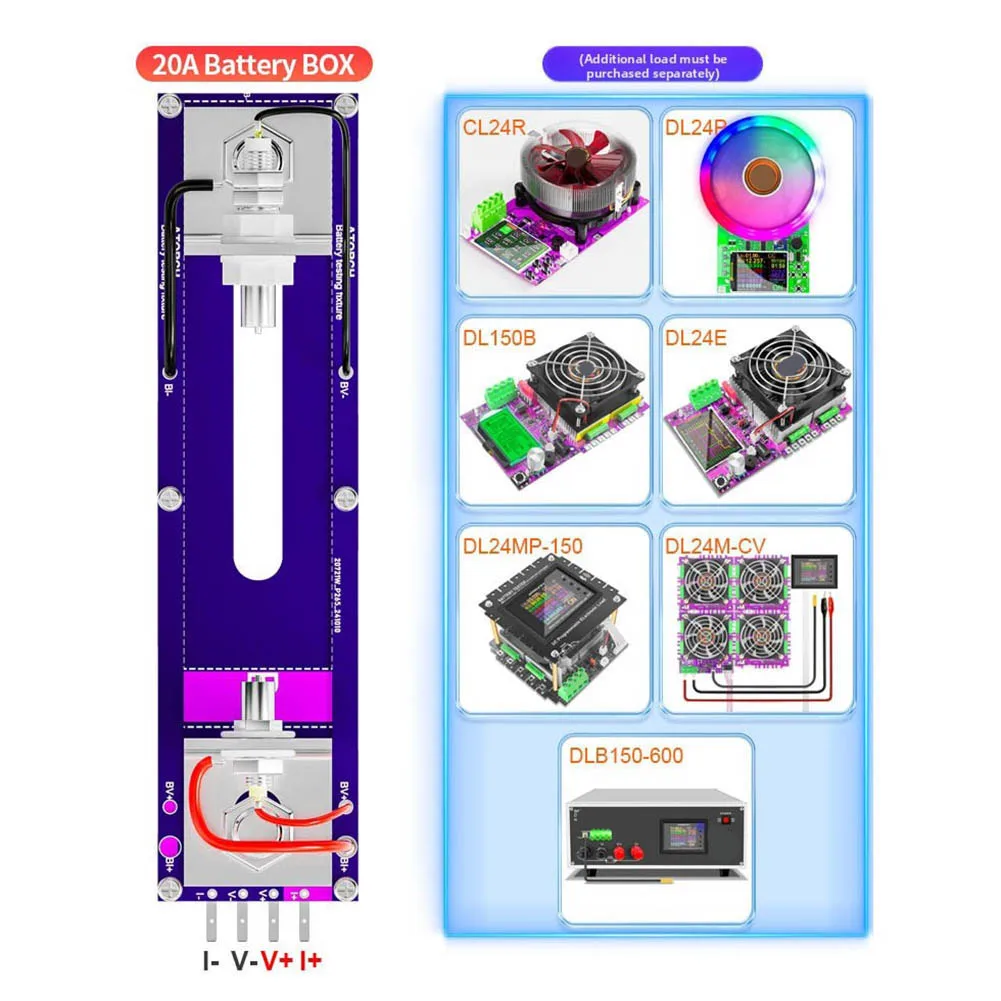 

20A 4 wire battery test stand fixture for accurate capacity measurement and internal resistance testing in bench applications