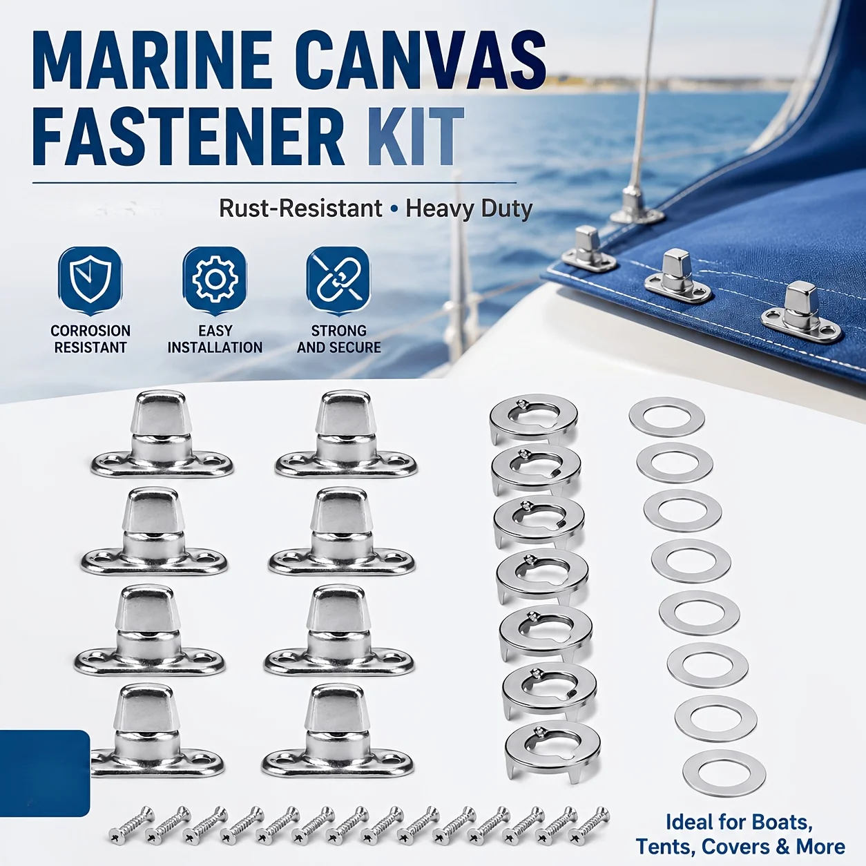 Fastener turn button, twist lock buckle with rotating holes, for canvas boat fasteners. Suitable for boat canvas, sail covers, double covers, camping tents, waterproof tarps, awnings, sun sails, RV covers, trailer cove
