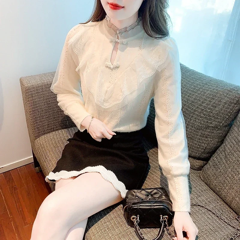 Fashion Ruffled Lace Women Blouse Adding Velvet Thickening Ruffles Long Sleeve Blouse Shirt Women Tops Camisas Blusa Blusas M609