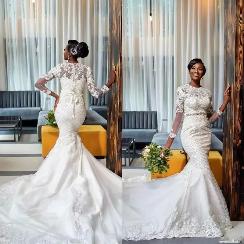 

Customized African Plus Size Mermaid Dresses Long Sleeves Lace Appliqued Crystal Beaded Sweep Train Wedding Gowns