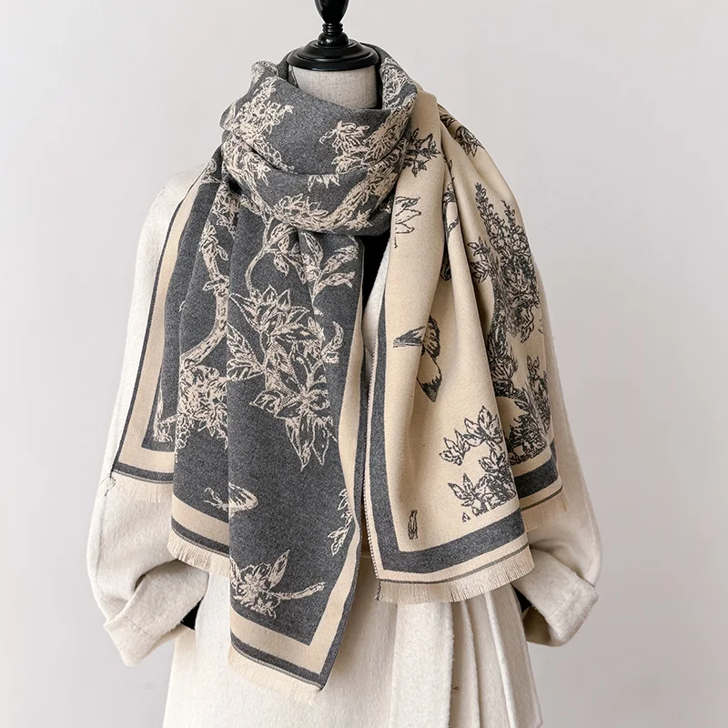 2024 Winter New Luxury Two-Sided Faux Cashmere Scarf Women Floral Print Outdoor Warm Thick Shawl Soft Muffler Neckerchief