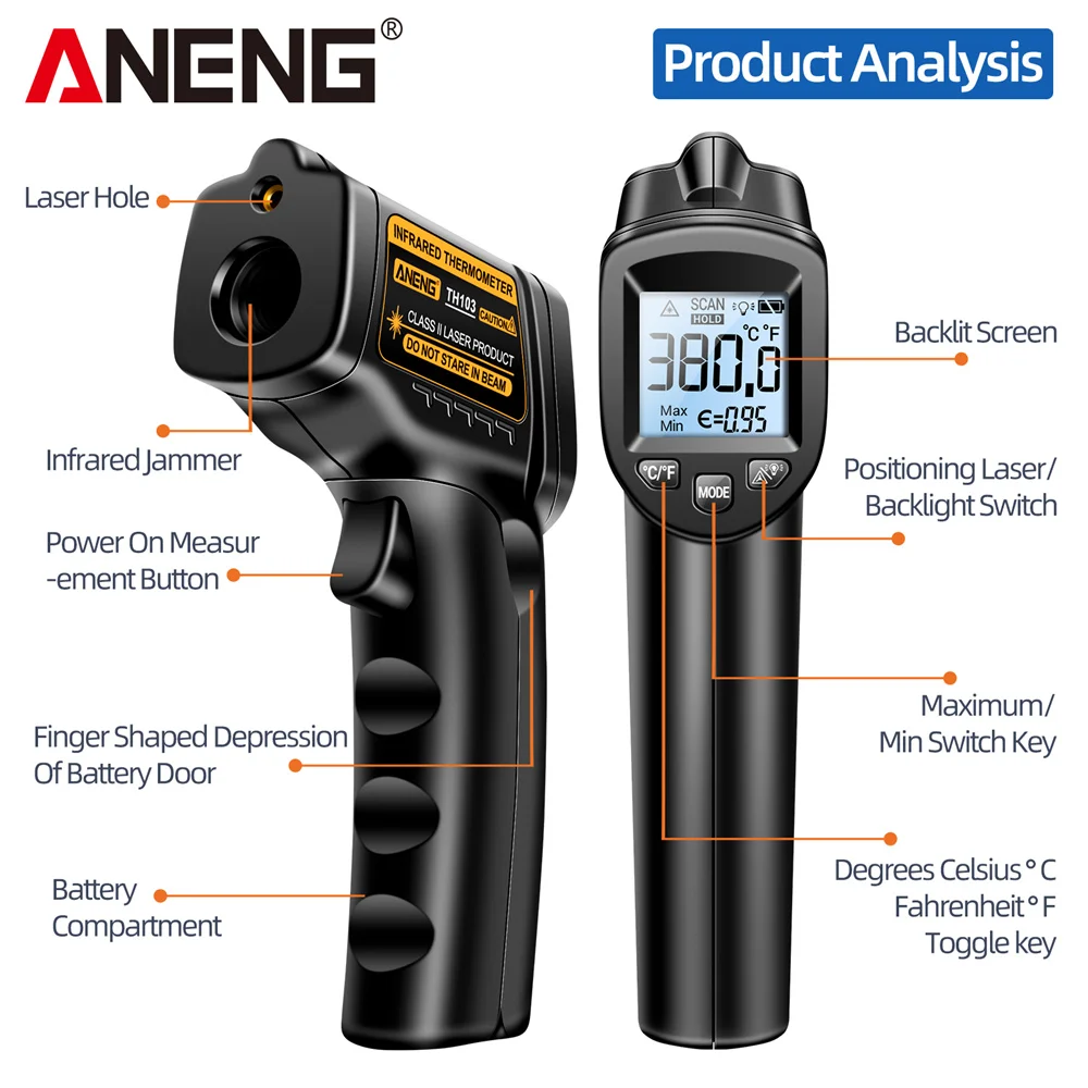 ANENG TH103 Digital Infrared Laser Thermometer Industrial Temparature Gun Backlight Screen Temperature Meter Non-contact Tools