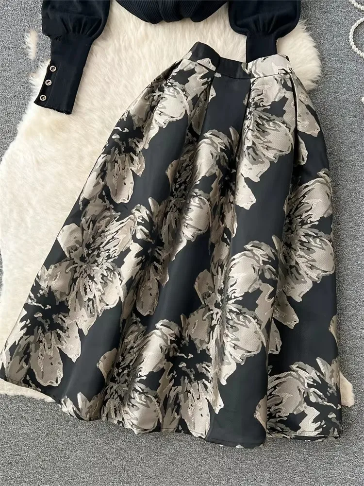 السيدات الرجعية سترة الدعاوى موضة فانوس كم البلوفرات فضفاضة ألف خط التنانير الطويلة طباعة محبوك قطعتين مجموعات تأليف #4