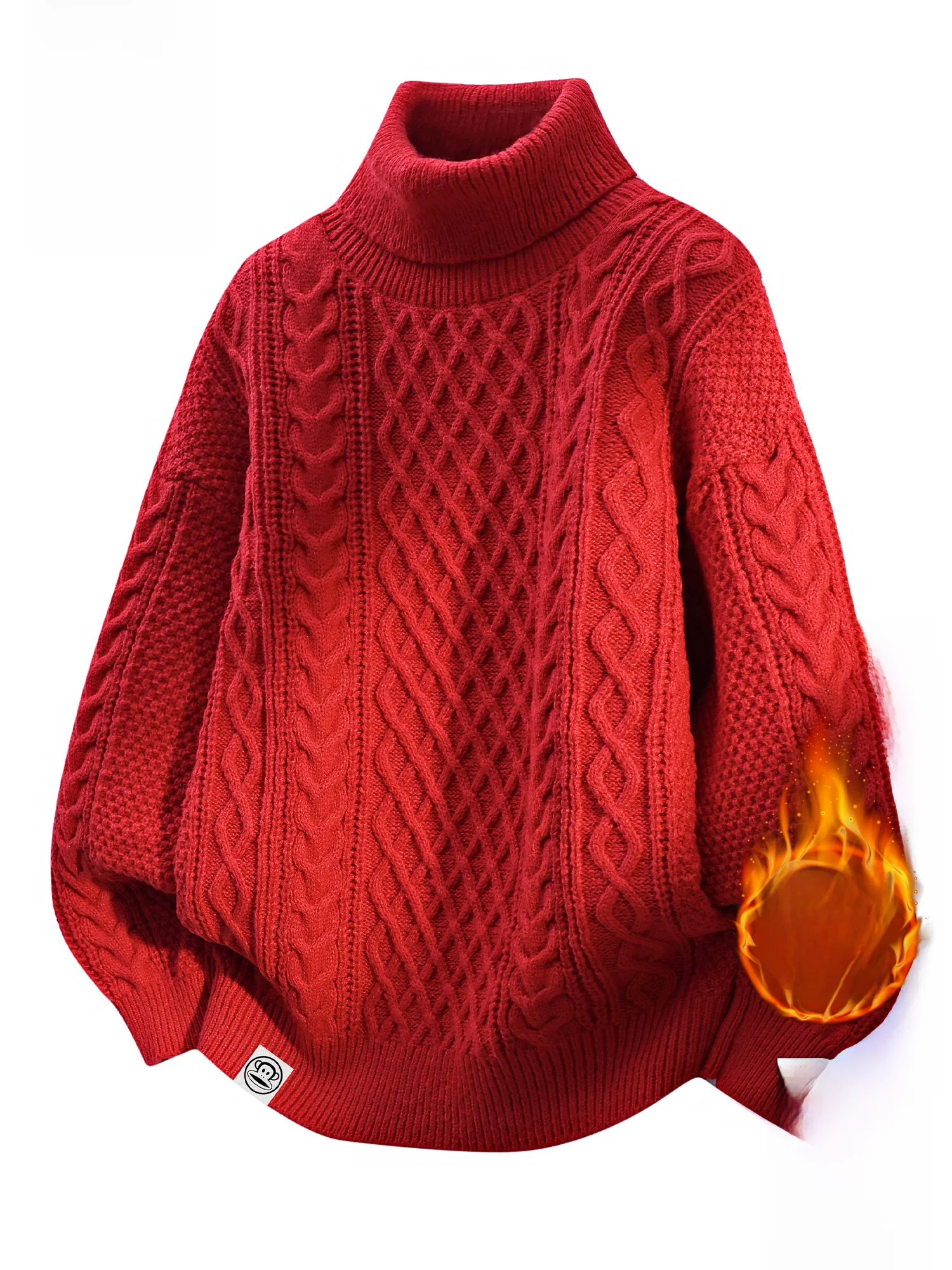 

PaulFrank Men's High Collar Fce Lined Casual Sweater Warm Winter Top Large Mouth Monkey Red Lazy Sle Knittedwear