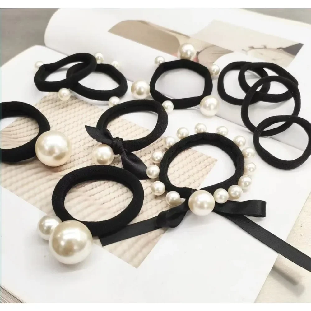 11pcs Fashionable and simple pearl hair tie, small fragrance, high elasticity head rope, thick and seamless scalp band